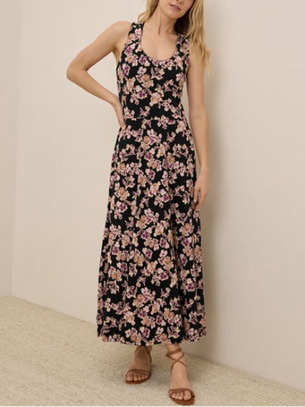 Pact Fit & Flare Open Back Maxi Dress Black Floral Organic Cotton Stretch Large